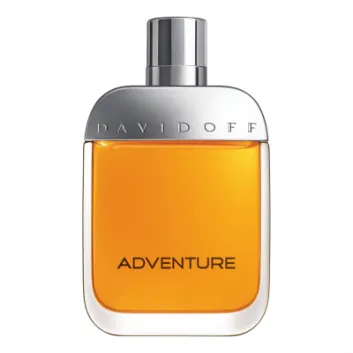 A 100ml bottle of Davidoff Adventure EDT Spray for Men, featuring orange liquid, a silver cap, and "ADVENTURE" labeled on the front.