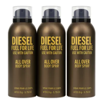 Three upright cans of Diesel Fuel For Life Body Spray for Men, 200ml each, are arranged in a row with yellow text on brown packaging.