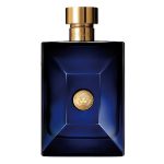 A rectangular dark blue Versace Pour Homme Dylan Blue Eau de Toilette 200ml bottle with a gold cap and emblem is photographed against a white background.