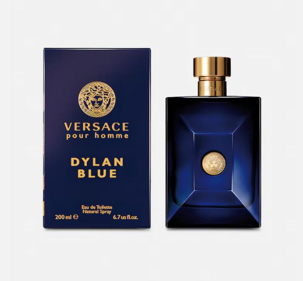 Versace Pour Homme Dylan Blue Eau de Toilette 200ml Spray for men comes in a dark blue rectangular bottle with gold accents beside its matching box, both displaying the iconic Versace branding.