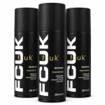 Three 200ml cans of Fcuk Vintage Deodorising Body Spray for Men are arranged in a row against a white background. The black cans display bold white and gold text on their labels.