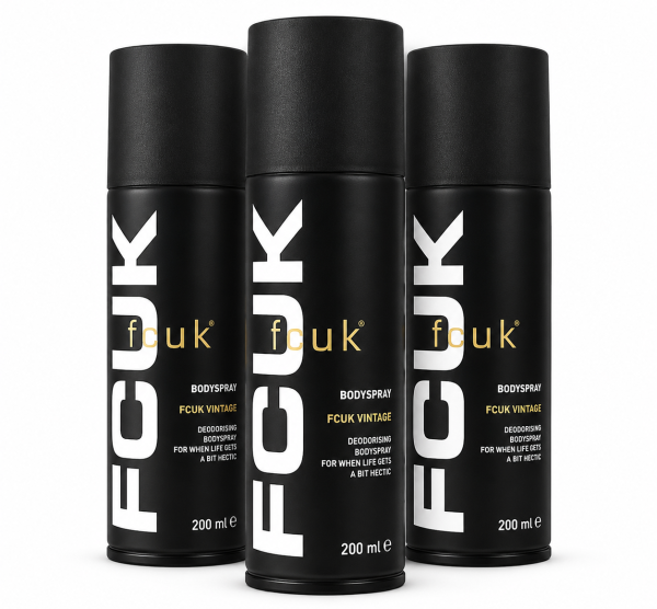 Three 200ml cans of Fcuk Vintage Deodorising Body Spray for Men are arranged in a row against a white background. The black cans display bold white and gold text on their labels.