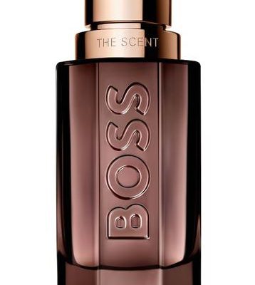 A 50ml Hugo Boss Boss The Scent Le Parfum Spray for Him, featuring a dark glass bottle with a metallic cap and "BOSS" embossed vertically on the front.
