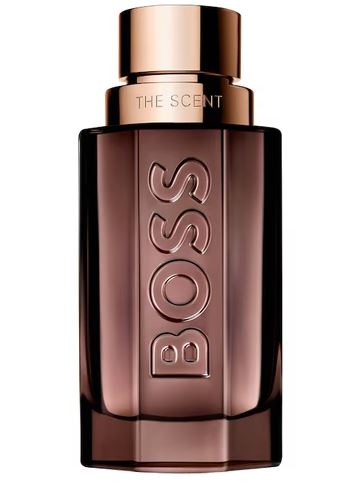 A 50ml Hugo Boss Boss The Scent Le Parfum Spray for Him, featuring a dark glass bottle with a metallic cap and "BOSS" embossed vertically on the front.