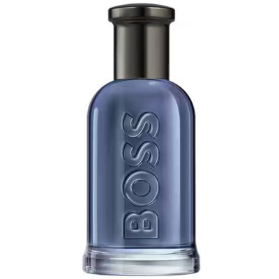 A clear glass bottle with "BOSS" embossed vertically on the front and a black cap, containing blue liquid; it's Hugo Boss Boss Bottled Infinite EDT for Men, 50ml.