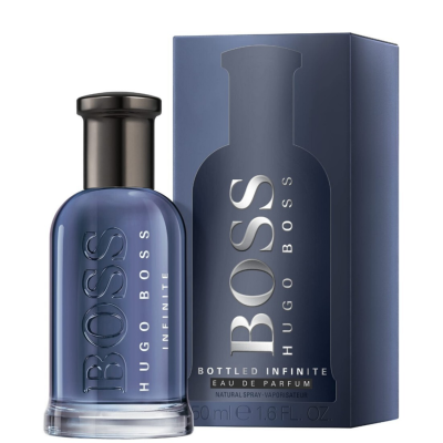 A 50ml bottle of Hugo Boss Boss Bottled Infinite EDT for Men is positioned in front of its matching blue packaging box.