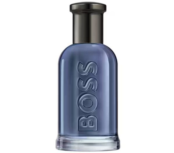 A clear glass bottle with "BOSS" embossed vertically on the front and a black cap, containing blue liquid; it's Hugo Boss Boss Bottled Infinite EDT for Men, 50ml. A clear glass bottle with "BOSS" embossed vertically on the front and a black cap, containing blue liquid; it's Hugo Boss Boss Bottled Infinite EDT for Men, 50ml.