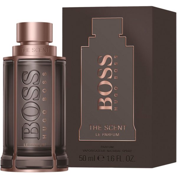 A 50ml bottle and box of Hugo Boss Boss The Scent Le Parfum Spray for Him, with a brown and rose gold design. A 50ml bottle and box of Hugo Boss Boss The Scent Le Parfum Spray for Him, with a brown and rose gold design.