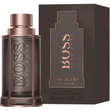 A 50ml bottle and box of Hugo Boss Boss The Scent Le Parfum Spray for Him, with a brown and rose gold design.