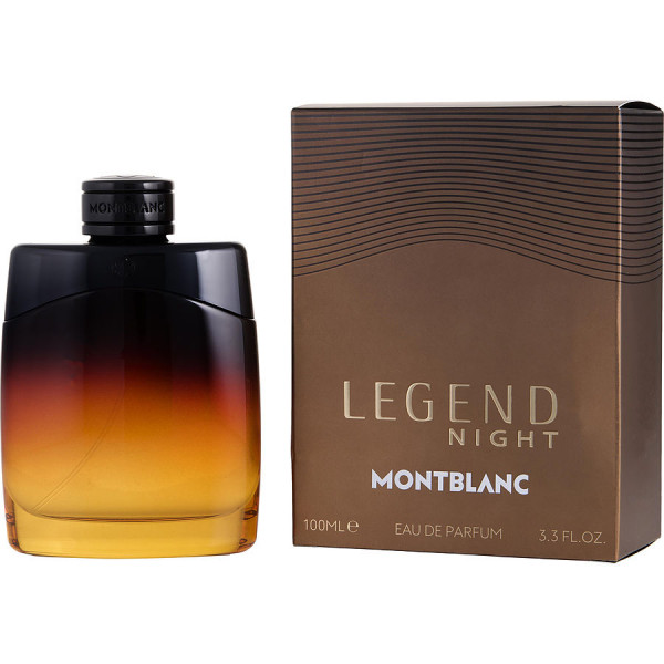 A bottle of Mont Blanc Legend Night EDP Spray for Men, 100ml, is displayed beside its brown and gold box, both marked with the product name and volume.