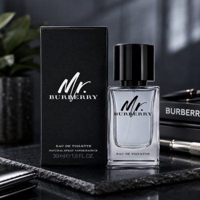 A glass bottle of Mr Burberry Indigo EDT for men, Burberry Eau De Toilette, 30ml is placed next to its black packaging on a dark surface, with a pen and plant softly blurred in the background.