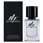 A 30ml bottle of Mr Burberry Indigo Eau De Toilette for men is displayed with a black cap next to its black product box, both featuring white Burberry branding.