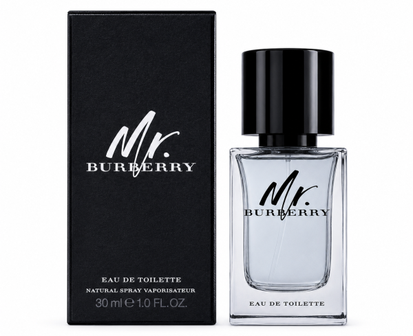 A 30ml bottle of Mr Burberry Indigo Eau De Toilette for men is displayed with a black cap next to its black product box, both featuring white Burberry branding. A 30ml bottle of Mr Burberry Indigo Eau De Toilette for men is displayed with a black cap next to its black product box, both featuring white Burberry branding.