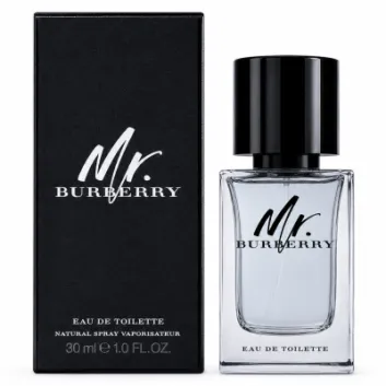 A 30ml bottle of Mr Burberry Indigo Eau De Toilette for men is displayed with a black cap next to its black product box, both featuring white Burberry branding.