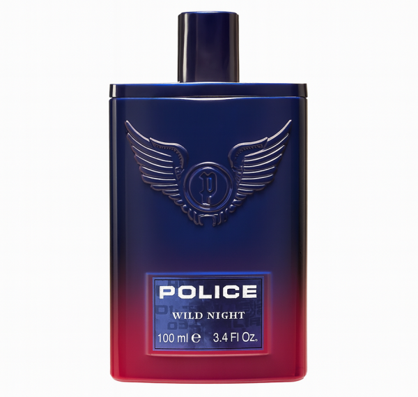 A 100ml bottle of Police Wild Night Eau de Toilette Spray with a blue-to-red gradient and embossed winged emblem on the front.