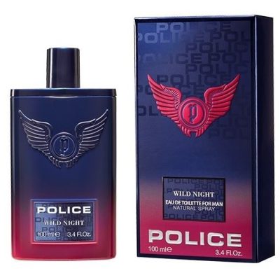 Police Wild Night Eau de Toilette 100ml Spray for men comes in a bottle and box with a winged emblem and red-black gradient design.