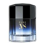 A 100ml bottle of Paco Rabanne Pure XS EDT Spray for Men featuring a black cap, gradient blue glass, and gold lettering on the front.