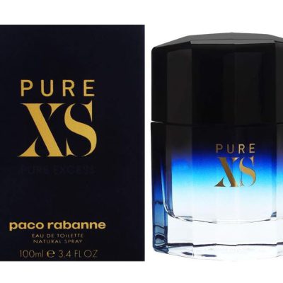A 100ml bottle of Paco Rabanne Pure XS EDT Spray for Men is displayed beside its navy and gold packaging box.