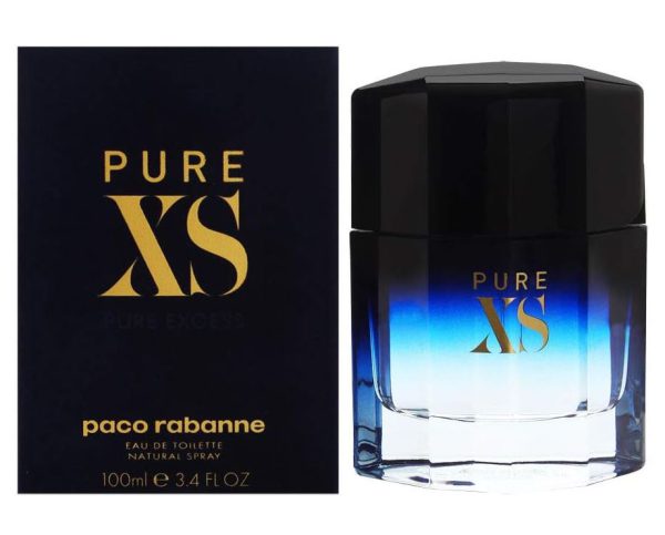 A 100ml bottle of Paco Rabanne Pure XS EDT Spray for Men is displayed beside its navy and gold packaging box.