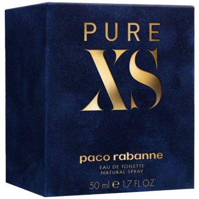 A navy blue box of Paco Rabanne Pure XS EDT Spray for Men, 100ml, with gold lettering on the front.