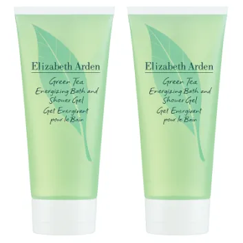 Two tubes of Elizabeth Arden Green Tea Bath & Shower Gel for Her, 200ml each, featuring a green design with leaf and product text on the front.
