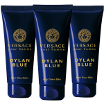 Three tubes of Versace Pour Homme Dylan Blue Aftershave Balm 100ml are displayed side by side on a white background.