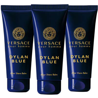 Three tubes of Versace Pour Homme Dylan Blue Aftershave Balm 100ml are displayed side by side on a white background.