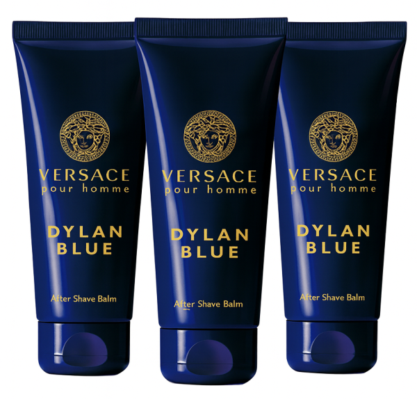 Three tubes of Versace Pour Homme Dylan Blue Aftershave Balm 100ml are displayed side by side on a white background.
