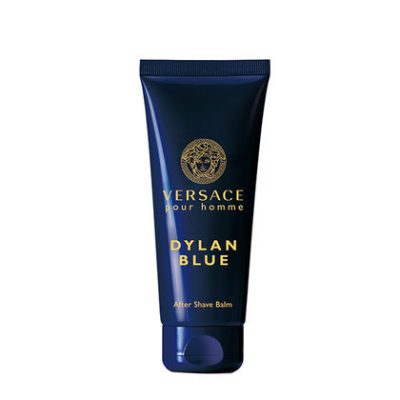 A set of three dark blue tubes of Versace Pour Homme Dylan Blue Aftershave Balm 100ml, each with gold text and logo, displayed on a white background.