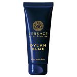 A set of three dark blue tubes of Versace Pour Homme Dylan Blue Aftershave Balm 100ml, each with gold text and logo, displayed on a white background.