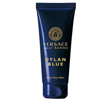 A set of three dark blue tubes of Versace Pour Homme Dylan Blue Aftershave Balm 100ml, each with gold text and logo, displayed on a white background.