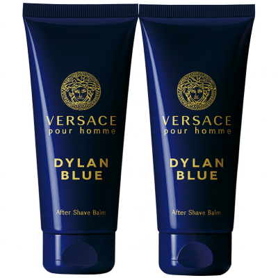 Two 100ml tubes of Versace Pour Homme Dylan Blue Aftershave Balm stand upright side by side against a white background.