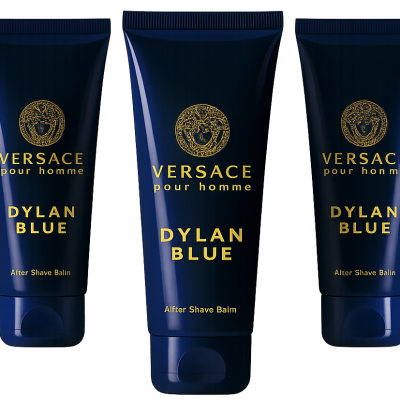 Three 100ml tubes of Versace Pour Homme Dylan Blue Aftershave Balm are displayed upright against a white background.