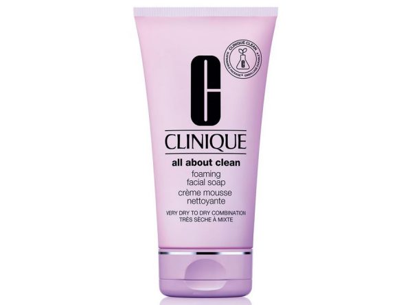 Three pink tubes of Clinique Foaming Sonic Facial Soap (150ml each) for very dry to dry combination skin, shown upright against a white background.