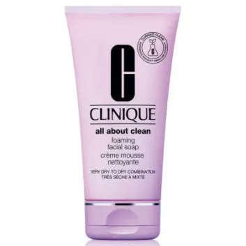 Three pink tubes of Clinique Foaming Sonic Facial Soap (150ml each) for very dry to dry combination skin, shown upright against a white background.