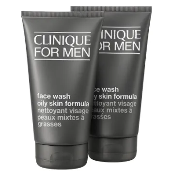 Two 200ml tubes of Clinique For Men Face Wash Oily Skin Formula, featuring bilingual English and French text on dark gray packaging.