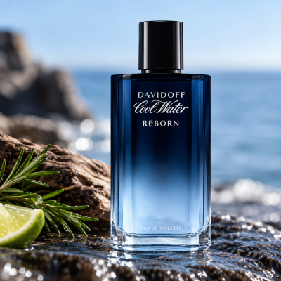 A bottle of Davidoff Cool Water Reborn EDT Spray for Men, 125ml rests on wet seaside rocks, accented by a lime wedge and a sprig of rosemary.