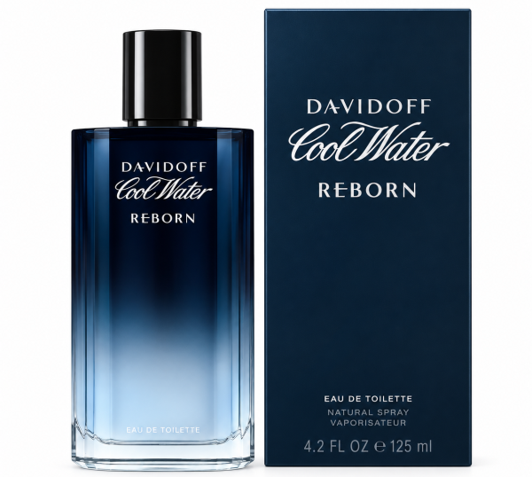 A bottle and box of Davidoff Cool Water Reborn EDT Spray for Men, 125ml, with a blue gradient design and white text.