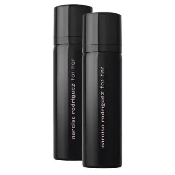 Two upright black bottles of Narciso Rodriguez for Her Deodorant Spray 100ml display vertical white branding and product names on the front.
