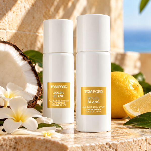 Two white 2x Tom Ford Soleil Blanc Body Spray, Unisex, 150ml bottles sit on stone outdoors with a coconut, lemon, flowers, and green leaves.
