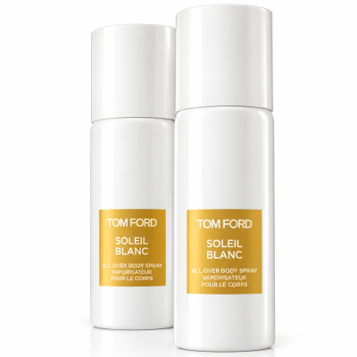 2x Tom Ford Soleil Blanc Body Spray, Unisex, 150ml bottles with yellow labels are side by side against a plain white background.