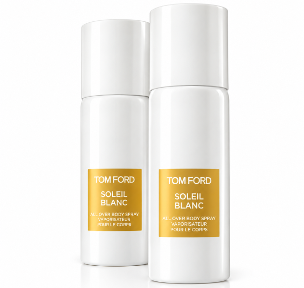 2x Tom Ford Soleil Blanc Body Spray, Unisex, 150ml bottles with yellow labels are side by side against a plain white background.