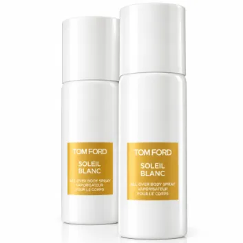 2x Tom Ford Soleil Blanc Body Spray, Unisex, 150ml bottles with yellow labels are side by side against a plain white background.