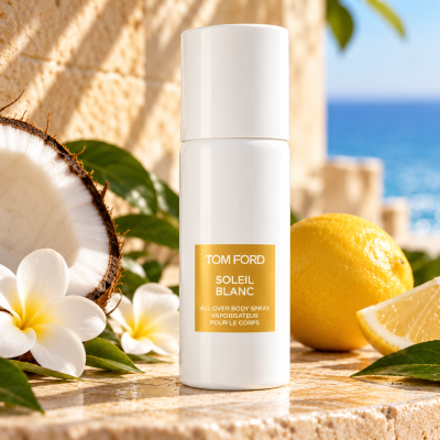 Tom Ford Soleil Blanc Body Spray, Unisex, 150ml is shown outdoors among coconut, lemon, white flowers, and green leaves on stone with the blue sea behind.