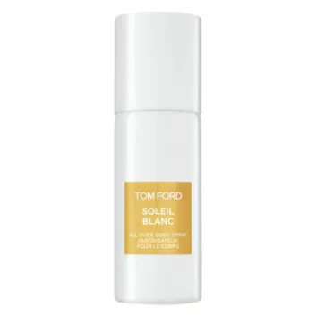 Two white cylindrical bottles labeled “Tom Ford Soleil Blanc Body Spray, Unisex, 150ml” with gold and white accents.