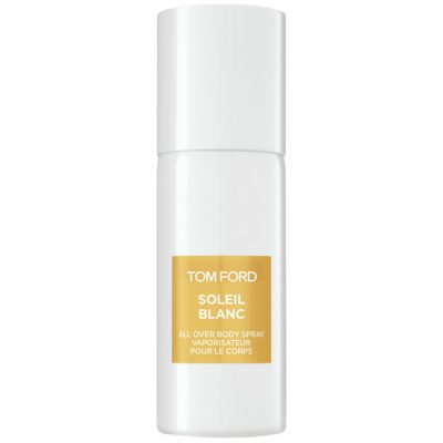 Two white cylindrical bottles labeled “Tom Ford Soleil Blanc Body Spray, Unisex, 150ml” with gold and white accents.
