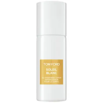 Two white cylindrical bottles labeled “Tom Ford Soleil Blanc Body Spray, Unisex, 150ml” with gold and white accents.