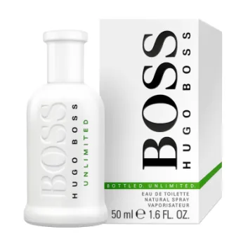 A 50ml bottle of Hugo Boss Bottled Unlimited EDT for Men is displayed beside its matching white and green box, both featuring the "BOSS HUGO BOSS" branding.