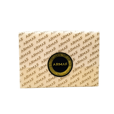 A rectangular box wrapped in white paper with a repeated "ARMAF" logo pattern and a black and gold "ARMAF" seal in the center.