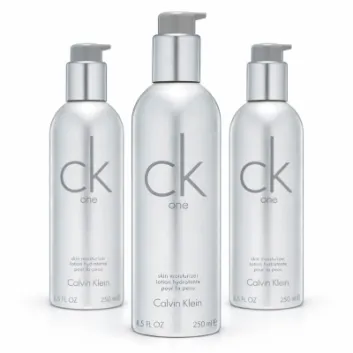 Three 250ml bottles of CK One Body Moisturiser (CK1, Unisex) with pump dispensers are displayed against a white background.